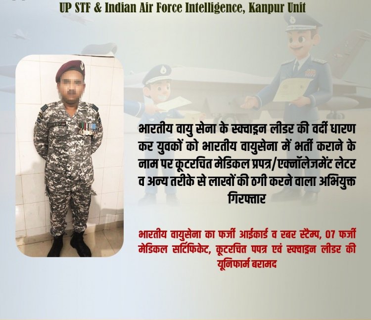एस०टी०एफ भारतीय वायुसेना के स्क्वाड्रन लीडर की वर्दी धारण कर वायुसेना में भर्ती कराने के नाम पर सैकड़ो बेराजगार युवकों से लाखों की ठगी करने वाला शातिर जालसाल गिरफ्तार।
