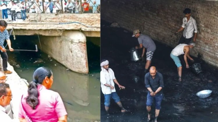 हाथों में स्टील की बाल्टियां और बर्तन., CM रेखा गुप्ता और एलजी के आने से कुछ ही मिनट पहले नाला साफ करने उतरे लोग